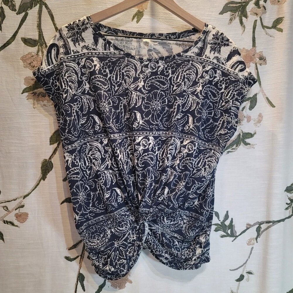 Lucky Brand Women's Navy Paisley Boho Knot Front Cotton Shirt Sz. M